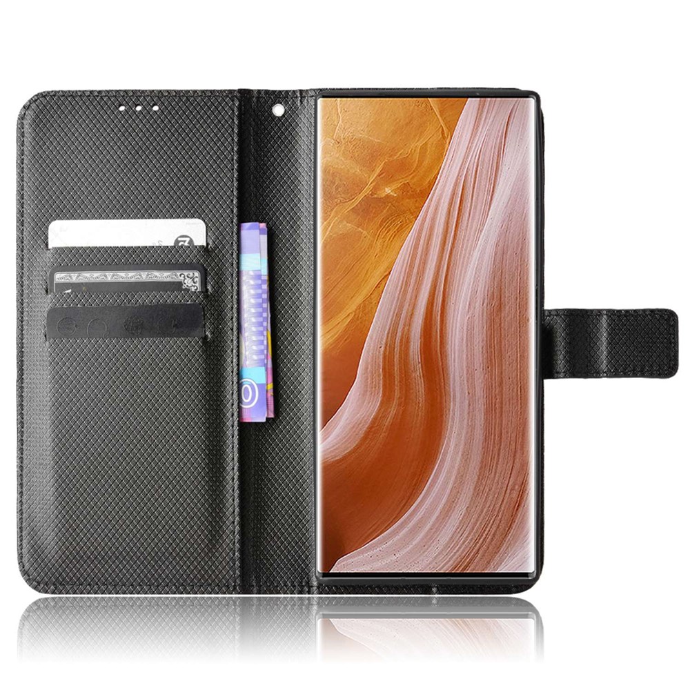 Diamond Texture Phone Case for ZTE Axon 40 Ultra 5G, Stand PU Leather Wallet Folio Flip Cover with Strap - Black-2