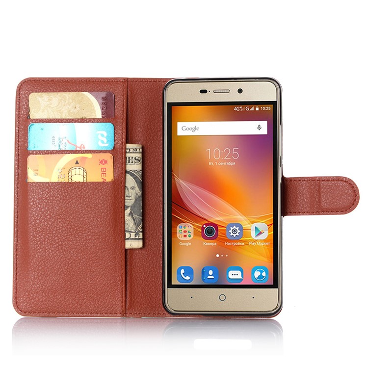 Lychee Skin Leather Wallet Case for ZTE Blade X3 - Brown-3