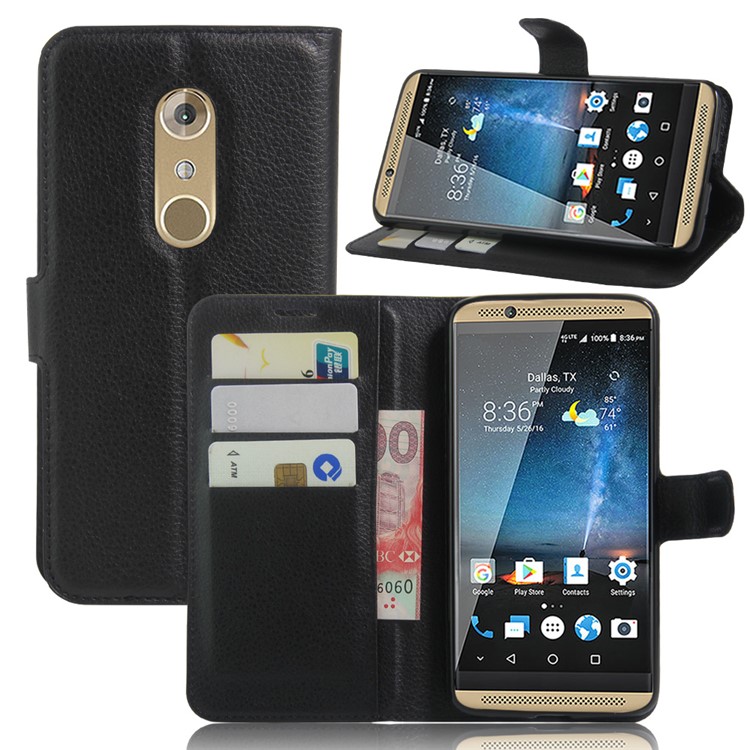 Litchi Skin Leather Wallet Case for ZTE Axon 7 - Black-1