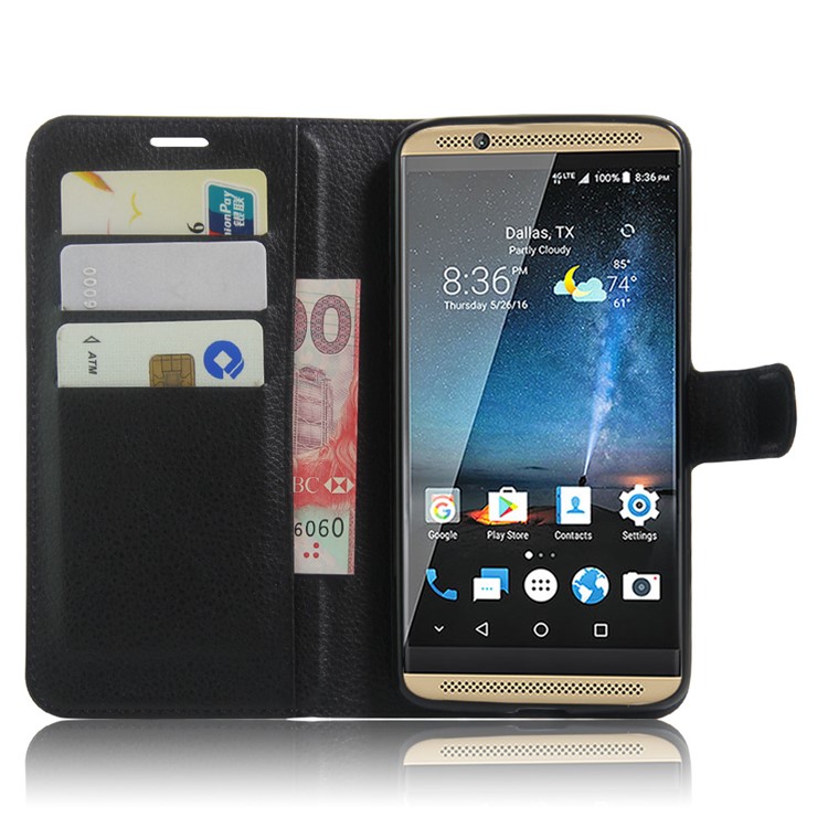 Litchi Skin Leather Wallet Case for ZTE Axon 7 - Black-2