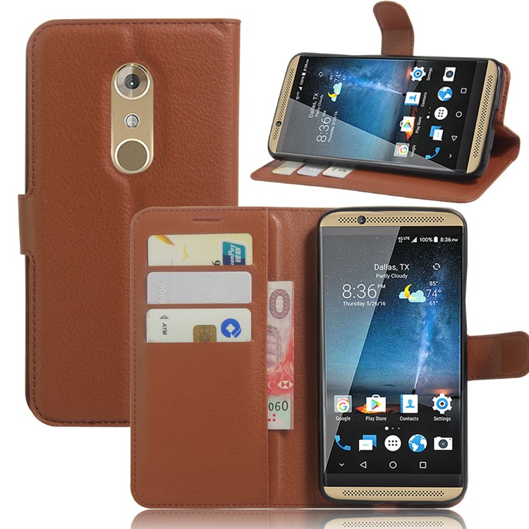 Litchi Skin Leather Stand Cover with Card Slots for ZTE Axon 7 - Brown-1