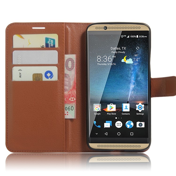 Litchi Skin Leather Stand Cover with Card Slots for ZTE Axon 7 - Brown-2