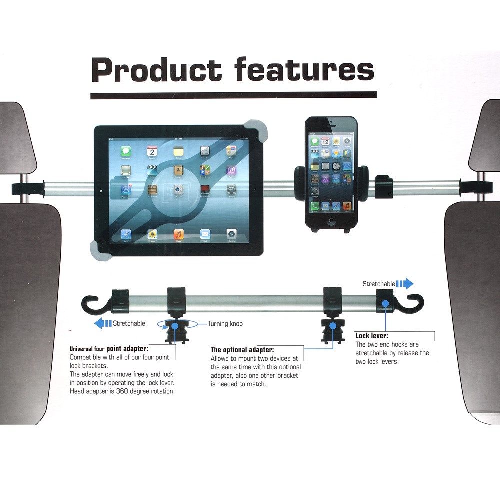 Full Rotary Car Headrest Mount Holder Lever for iPad Pro 12.9 Etc, Clamp Width: 240 x 410mm-1