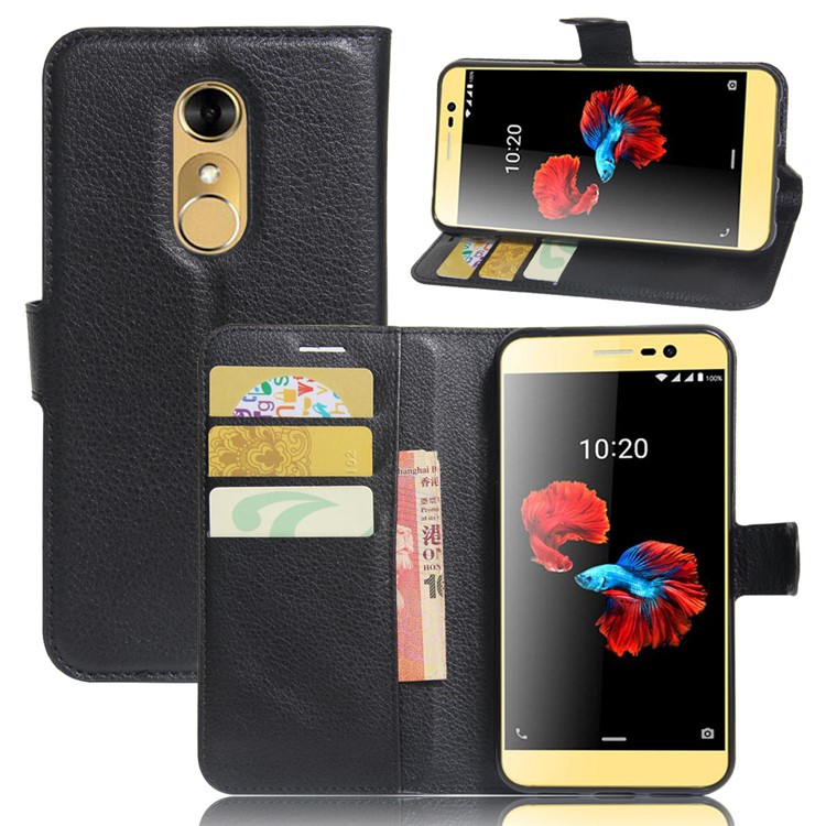 Litchi Skin Leather Wallet Case for ZTE Blade A910 - Black-1