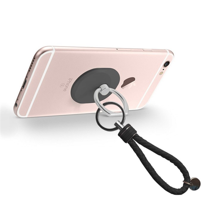 Universal Metal Finger Ring Phone Desktop Stand with Carrying Strap - Black-1