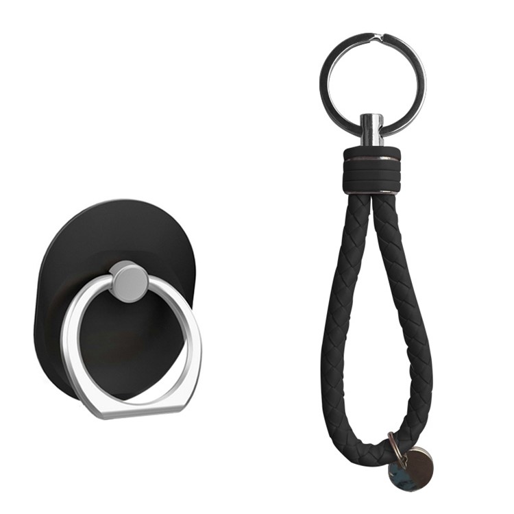 Universal Metal Finger Ring Phone Desktop Stand with Carrying Strap - Black-2