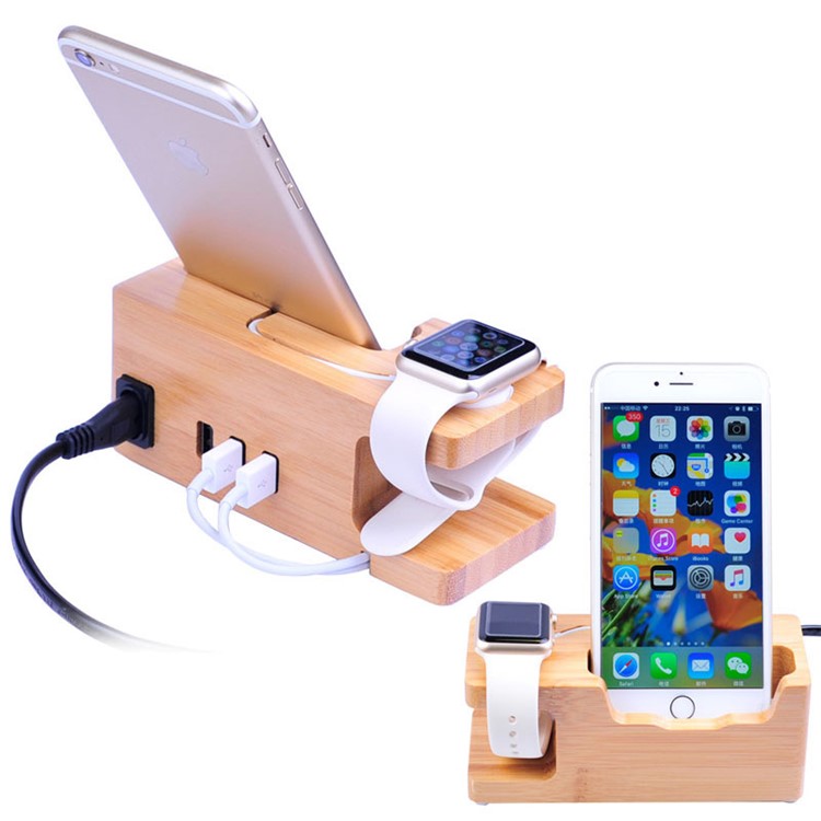 Carbonized Bamboo Desktop Apple Watch Charger Dock with 3 USB Ports Charging Station - UK Plug-1