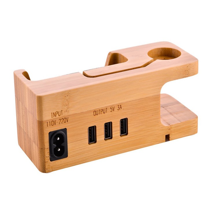 Carbonized Bamboo Desktop Apple Watch Charger Dock with 3 USB Ports Charging Station - UK Plug-10