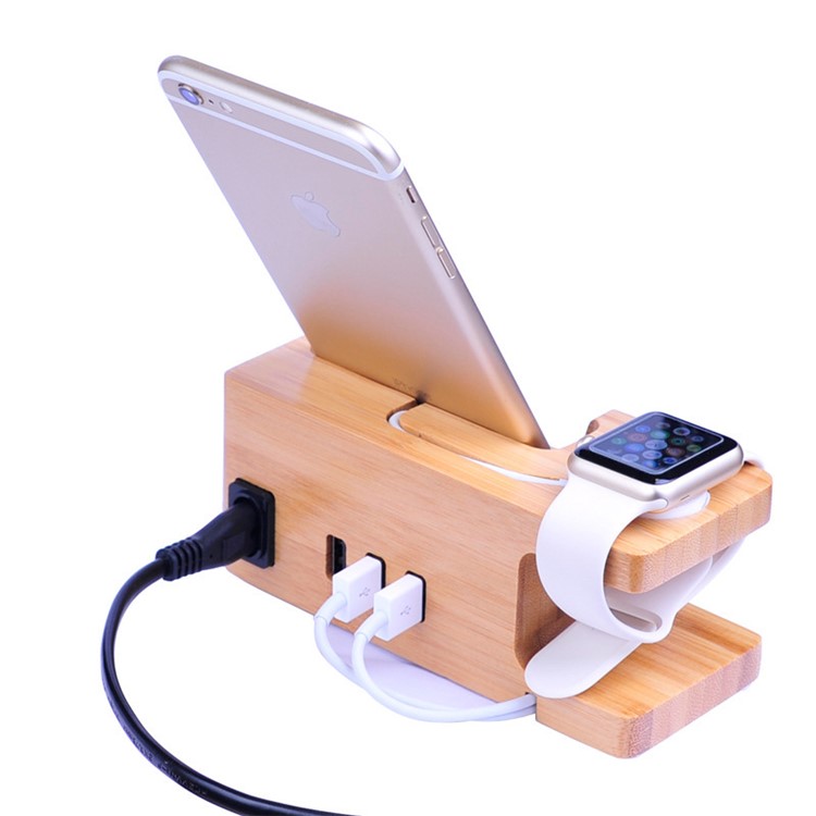 Carbonized Bamboo Desktop Apple Watch Charger Dock with 3 USB Ports Charging Station - UK Plug-3