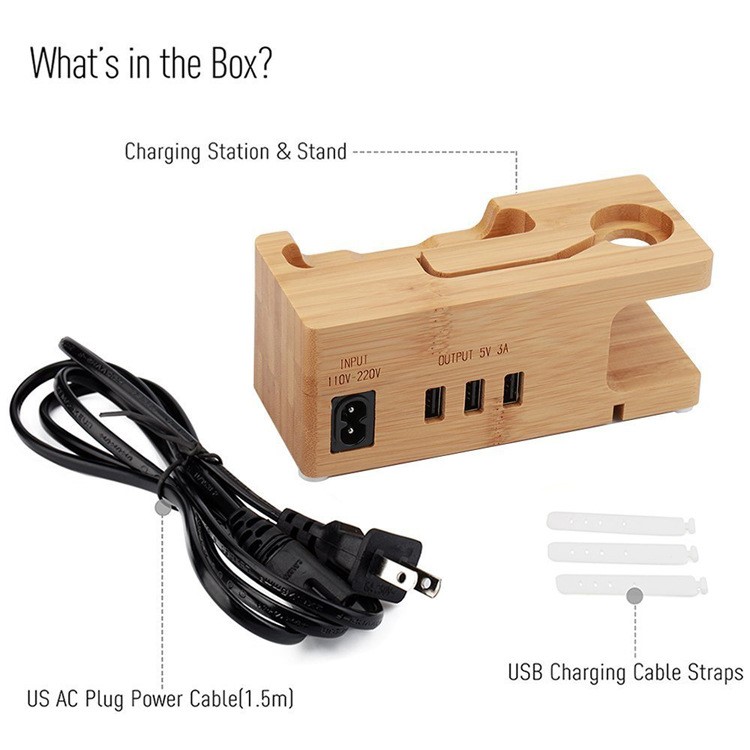 Carbonized Bamboo Desktop Apple Watch Charger Dock with 3 USB Ports Charging Station - UK Plug-4