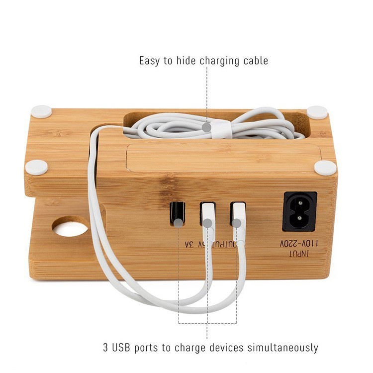 Carbonized Bamboo Desktop Apple Watch Charger Dock with 3 USB Ports Charging Station - UK Plug-5