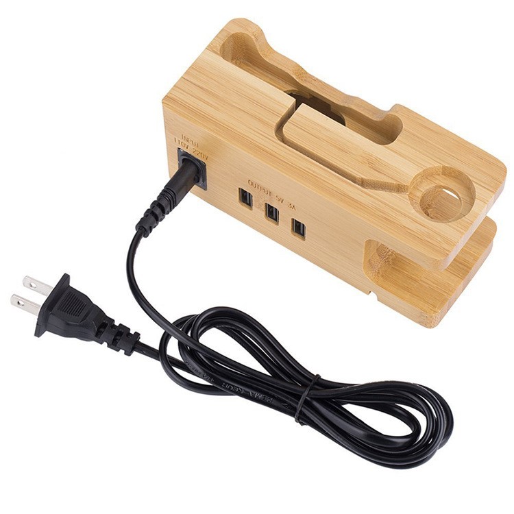 Carbonized Bamboo Desktop Apple Watch Charger Dock with 3 USB Ports Charging Station - UK Plug-6