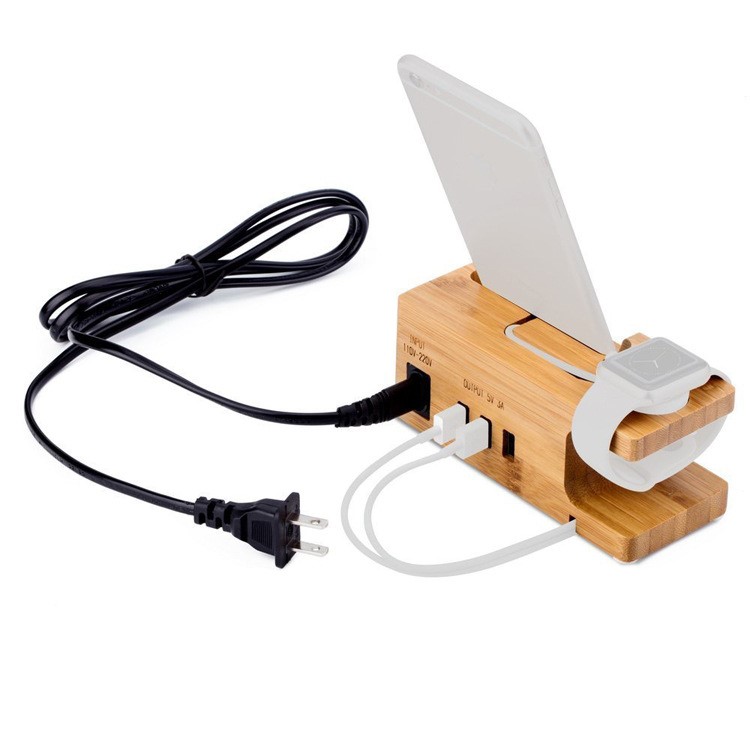 Carbonized Bamboo Desktop Apple Watch Charger Dock with 3 USB Ports Charging Station - UK Plug-7