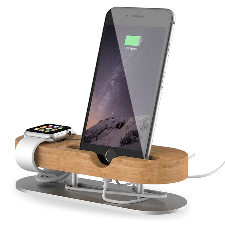 IPS-Z32 Bamboo + Aluminum Alloy Charging Station Desktop Stand Holder for Apple Watch iPhone-1