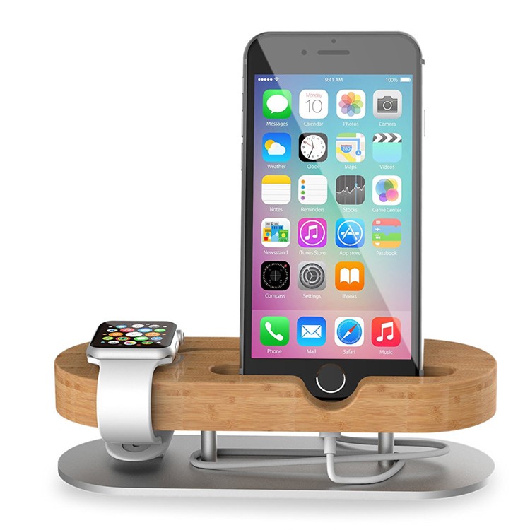 IPS-Z32 Bamboo + Aluminum Alloy Charging Station Desktop Stand Holder for Apple Watch iPhone-2