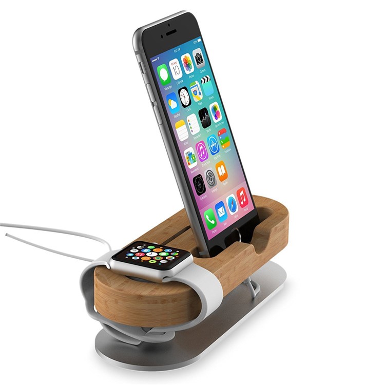 IPS-Z32 Bamboo + Aluminum Alloy Charging Station Desktop Stand Holder for Apple Watch iPhone-3