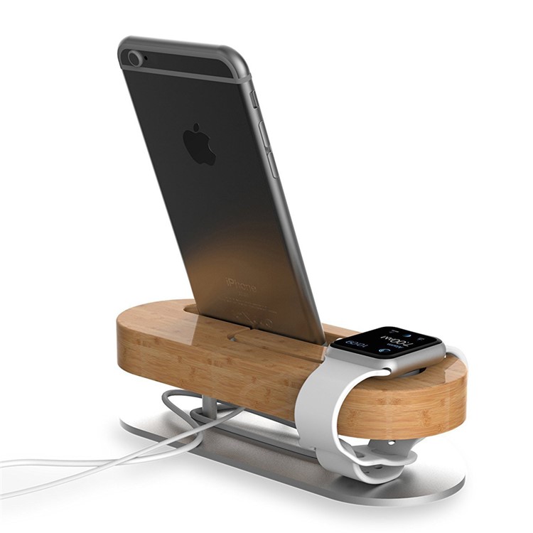 IPS-Z32 Bamboo + Aluminum Alloy Charging Station Desktop Stand Holder for Apple Watch iPhone-4