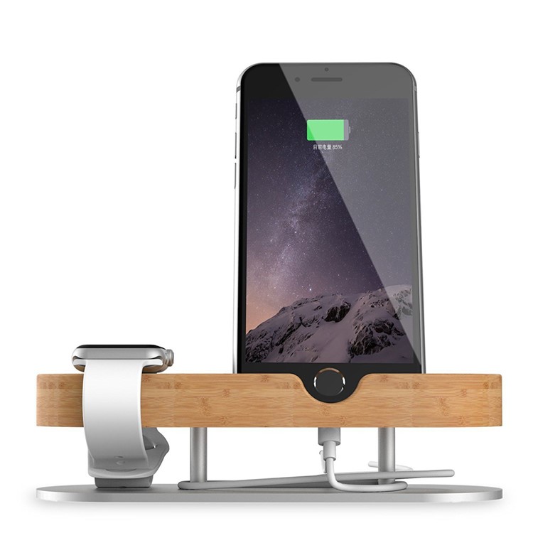 IPS-Z32 Bamboo + Aluminum Alloy Charging Station Desktop Stand Holder for Apple Watch iPhone-5