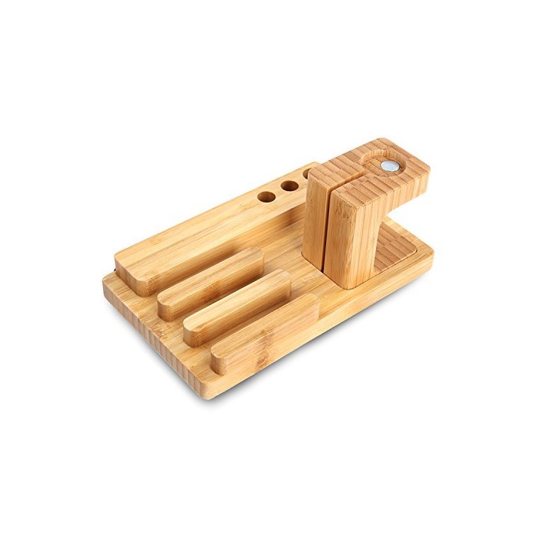 3-In-1 Bamboo Wood Charging Stand Stent Pen Holder for Apple Watch Smartphone Tablet-10