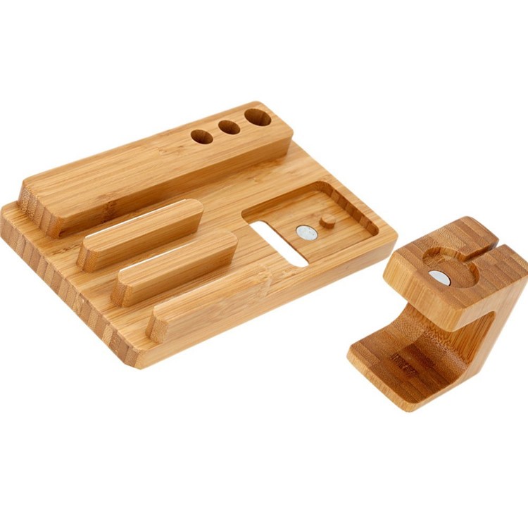 3-In-1 Bamboo Wood Charging Stand Stent Pen Holder for Apple Watch Smartphone Tablet-11