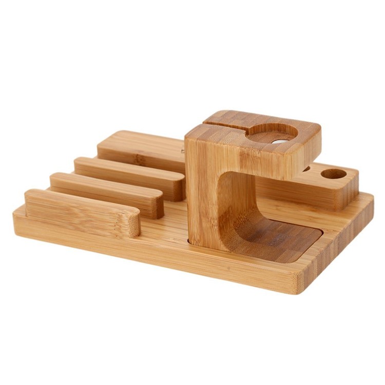 3-In-1 Bamboo Wood Charging Stand Stent Pen Holder for Apple Watch Smartphone Tablet-12