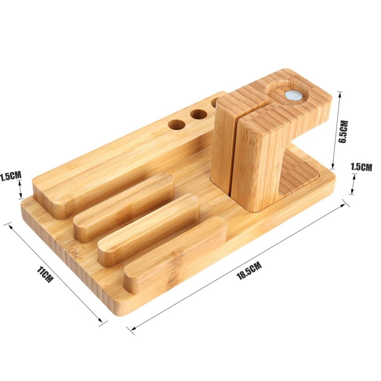 3-In-1 Bamboo Wood Charging Stand Stent Pen Holder for Apple Watch Smartphone Tablet-13