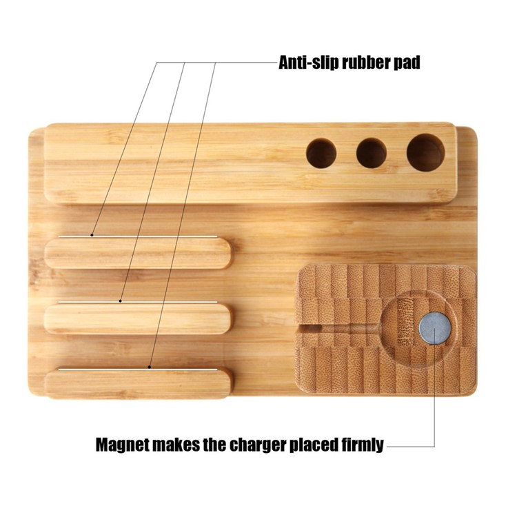 3-In-1 Bamboo Wood Charging Stand Stent Pen Holder for Apple Watch Smartphone Tablet-14
