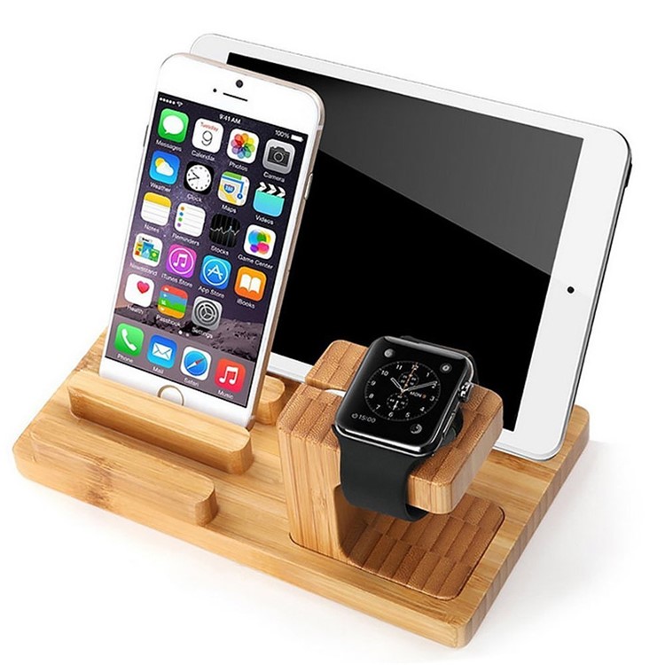 3-In-1 Bamboo Wood Charging Stand Stent Pen Holder for Apple Watch Smartphone Tablet-2