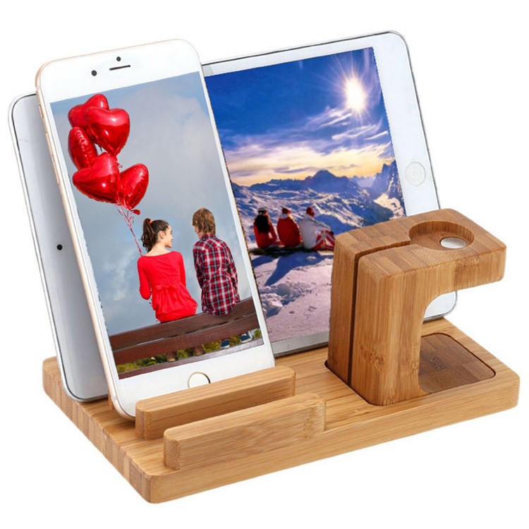 3-In-1 Bamboo Wood Charging Stand Stent Pen Holder for Apple Watch Smartphone Tablet-3