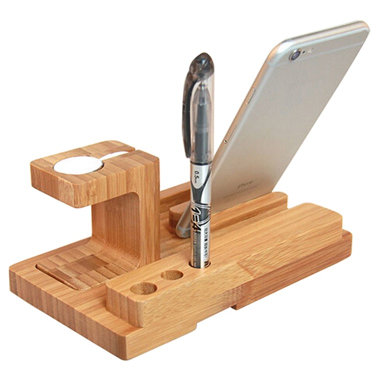 3-In-1 Bamboo Wood Charging Stand Stent Pen Holder for Apple Watch Smartphone Tablet-4