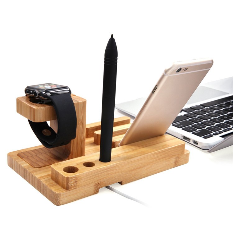 3-In-1 Bamboo Wood Charging Stand Stent Pen Holder for Apple Watch Smartphone Tablet-5