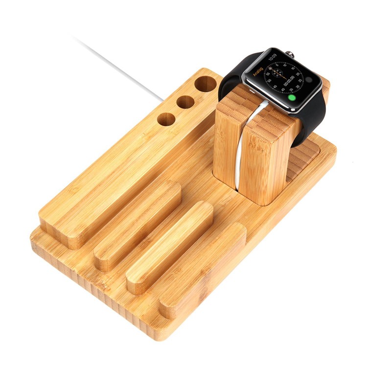 3-In-1 Bamboo Wood Charging Stand Stent Pen Holder for Apple Watch Smartphone Tablet-6