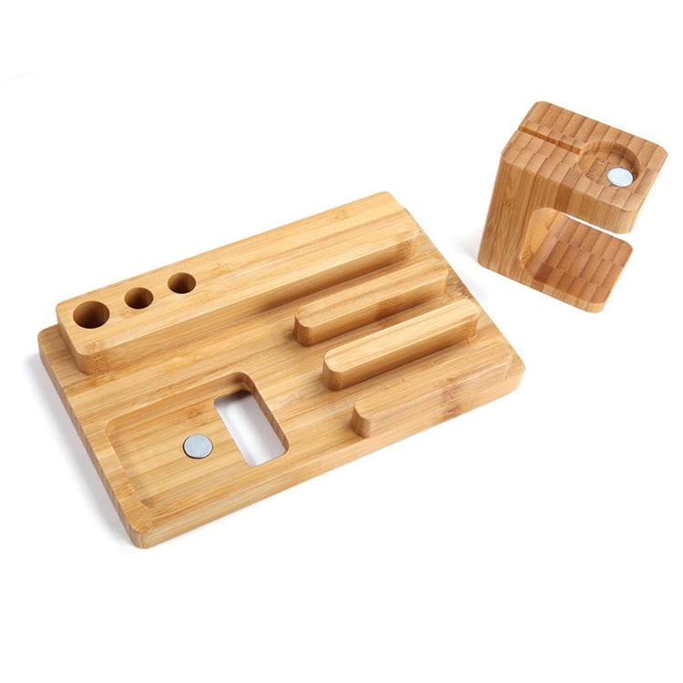 3-In-1 Bamboo Wood Charging Stand Stent Pen Holder for Apple Watch Smartphone Tablet-7
