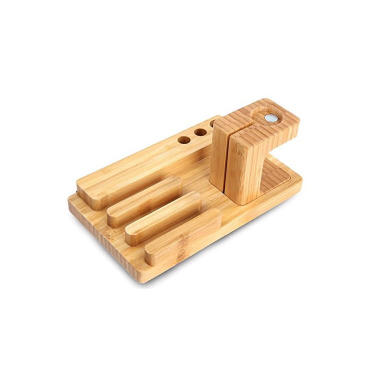 3-In-1 Bamboo Wood Charging Stand Stent Pen Holder for Apple Watch Smartphone Tablet-8