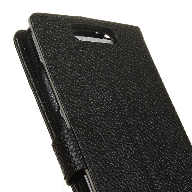 Litchi Grain Genuine Leather Wallet Stand Case for ZTE Blade V8 - Black-3