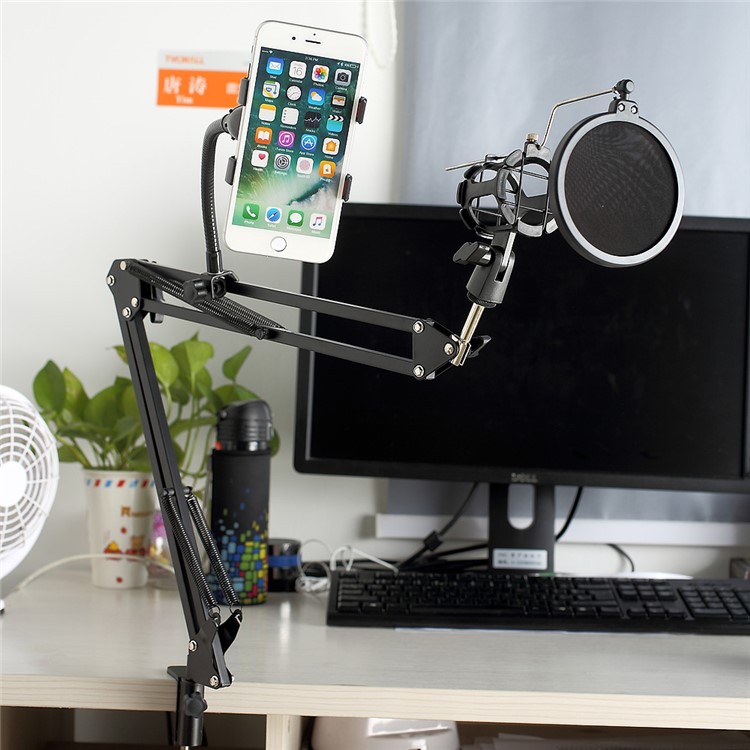 Desktop Recording Microphone Stand Studio Boom Arm with Phone Clamp for Broadcasting/ Phone Karaoke-2