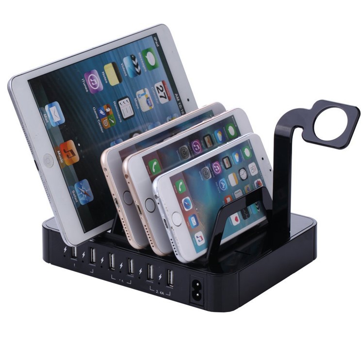 6-Port USB Desktop Charging Station Apple Watch Charger Dock Mount - Black / EU Plug-10