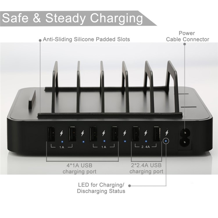 6-Port USB Desktop Charging Station Apple Watch Charger Dock Mount - Black / EU Plug-15
