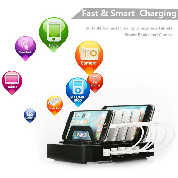 6-Port USB Desktop Charging Station Apple Watch Charger Dock Mount - Black / EU Plug-16