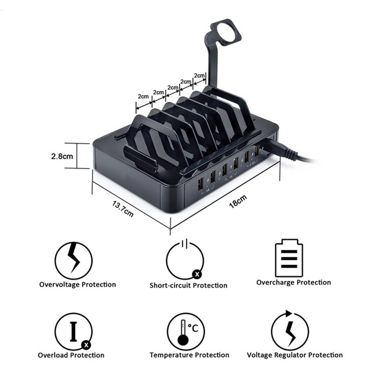 6-Port USB Desktop Charging Station Apple Watch Charger Dock Mount - Black / EU Plug-2