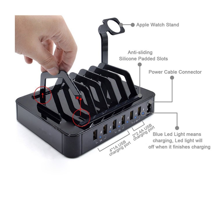6-Port USB Desktop Charging Station Apple Watch Charger Dock Mount - Black / EU Plug-3