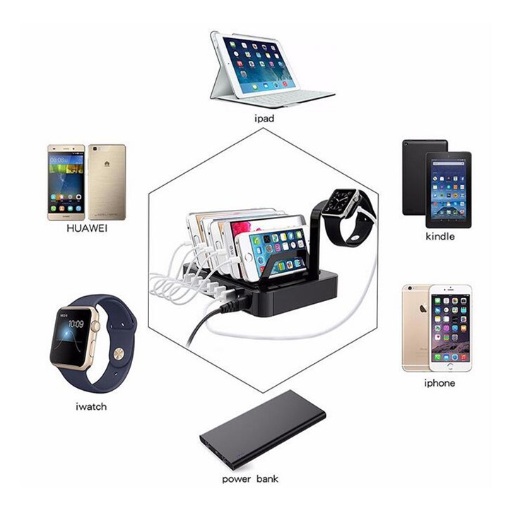 6-Port USB Desktop Charging Station Apple Watch Charger Dock Mount - Black / EU Plug-6