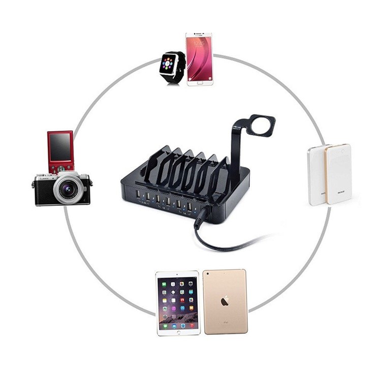 6-Port USB Desktop Charging Station Apple Watch Charger Dock Mount - Black / EU Plug-7