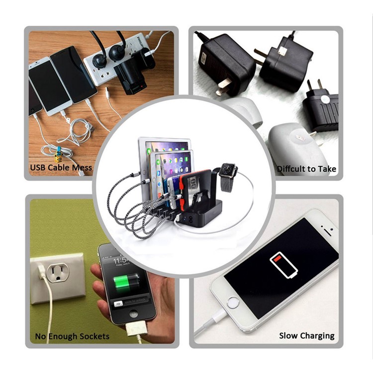 6-Port USB Desktop Charging Station Apple Watch Charger Dock Mount - Black / EU Plug-8