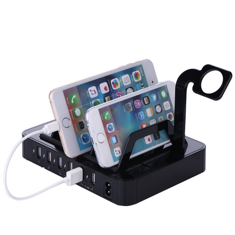 6-Port USB Desktop Charging Station Apple Watch Charger Dock Mount - Black / EU Plug-9