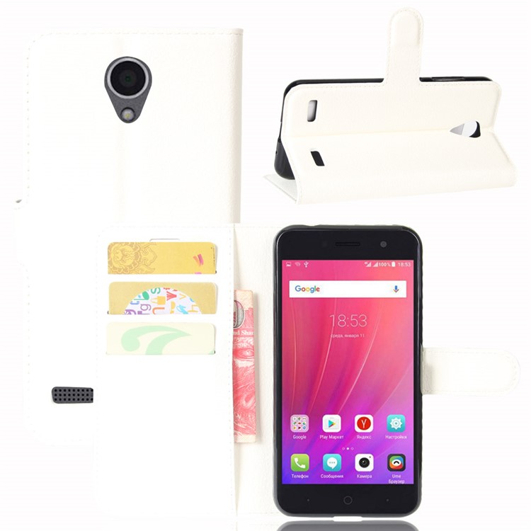 Litchi Skin Leather Stand Case with Card Slots for ZTE Blade A520 - White-1