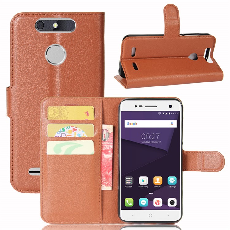 Litchi Skin PU Leather Wallet Case for ZTE Blade V8 Lite - Brown-1