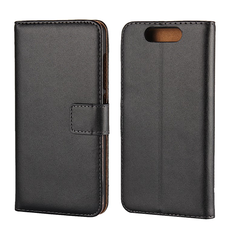 Genuine Split Leather Wallet Magnetic Flip Shell for ZTE Blade V8 - Black-1