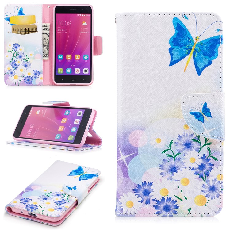 Pattern Printing Wallet Leather Cell Phone Case for ZTE Blade A520 - Blue Butterfly-1