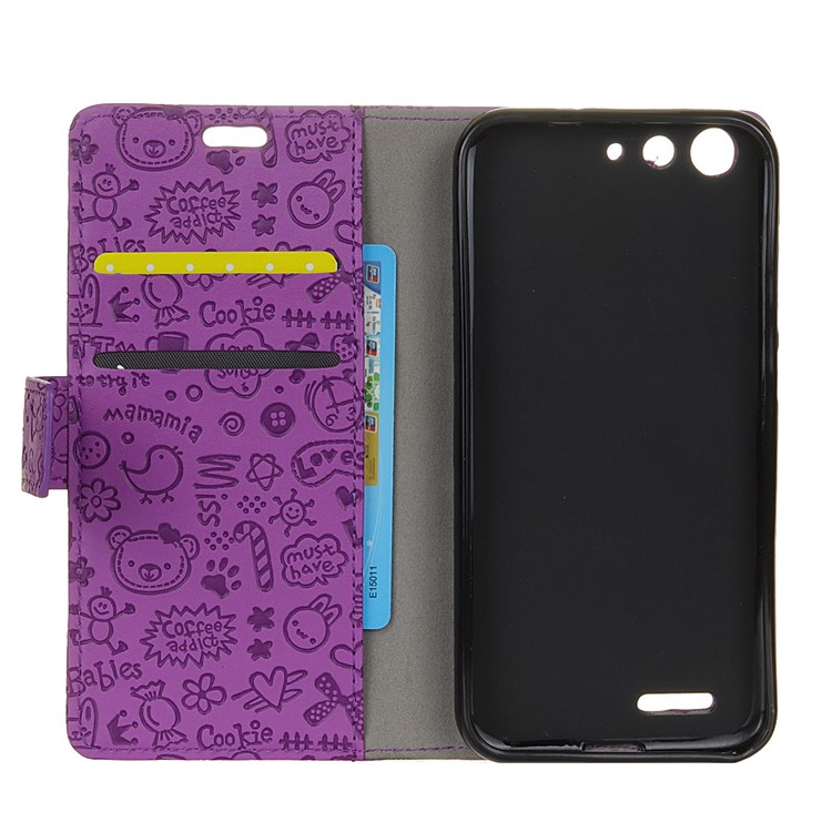For ZTE Blade L6 Cartoon Graffiti Stand Leather Wallet Folio Case - Purple-7